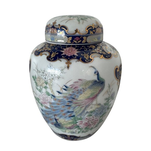 vintage Porcelain Ginger Jar Peacock & Floral Design Lid Blue/Gold Accents Asian - Picture 3 of 9